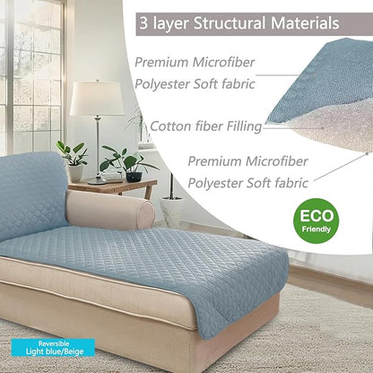 U-NICE HOME Sectional Couch Cover for Dogs Chaise Lounge Reversible Sofa Cover Furniture Protector Cover for Pets with Elastic Adjustable Strap (Chaise Lounge, Light Blue/Beige)