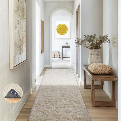 Ophanie Runner Rug for Hallway, 2x6 Upgrade Non-Slip Fluffy Soft Bedside Rugs, Bedroom Living Room Ivory Shaggy Carpet for Kids Girls Boys Dorm Nursery Home Decor Aesthetic