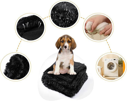 Calming Fleece Cat Blankets Black Waterproof Pets Blanket for Dogs Reversible Long Faux Fur Puppy Throw Blankets(Black,L)