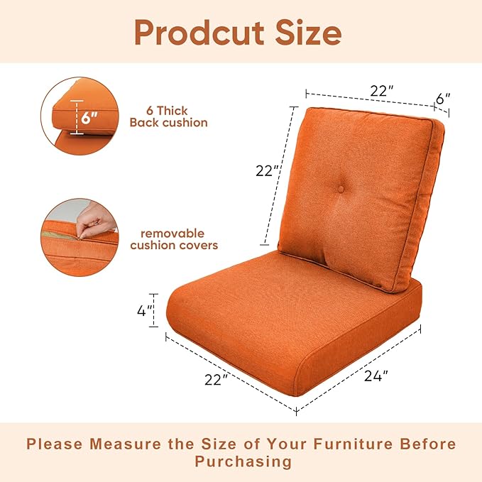 Outdoor Chair Cushions 3 Packs - Outside High Back Thick Water-Resistant Cushion 22x24 with Zipper Cover for Patio Glider Rocking Chairs Loveseat Couch – Orange/Buckle