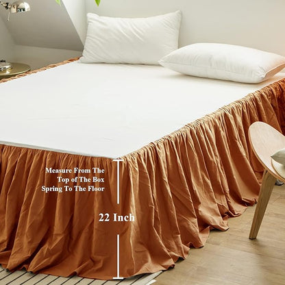 BISELINA French Linen Bed Skirt with Pleated Frills 22-Inch Tailored Drop Natural Flax Cotton Blend Dust Ruffle Soft Cozy Farmhouse Bedding (22" Queen, Rust)