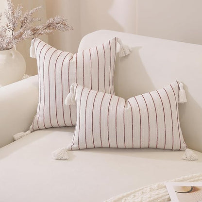 Decorative Boho Throw Pillow Covers 20x12 Inch Set of 2, Textured Linen Striped Lumbar Throw Pillows with Tassels, Soft & Cozy Farmhouse Decor Cushion Covers for Couch Bed Living Room