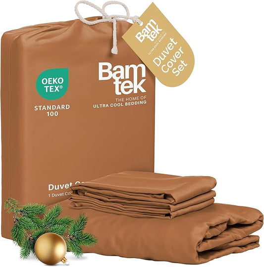 Duvet Cover Set - 100% Viscose Derived from Bamboo Duvet Cover King Size, 3 PC Luxury Cooling Duvet Cover for Hot Sleepers, Silky Buttery Soft Comforter Cover & 2 PC King Pillowcases, Almond