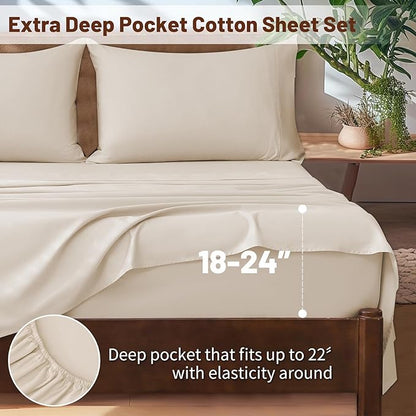 Extra Deep Pocket Queen Sheets 18-24 Inch 100% Egyptian Cotton 1000 Thread Count Sateen Weave Soft Breathable 4 Pieces（Queen,Linen）