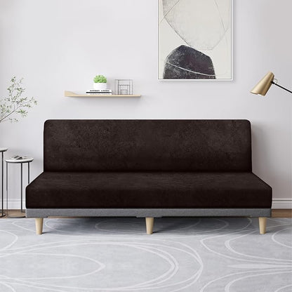molasofa Leather Like Stretch Futon Slipcover Armless Sofa Cover Furniture Protector with Elastic Bottom, Soft and Washable Futon Cover for Sofa Bed （Larger，Chocolate）