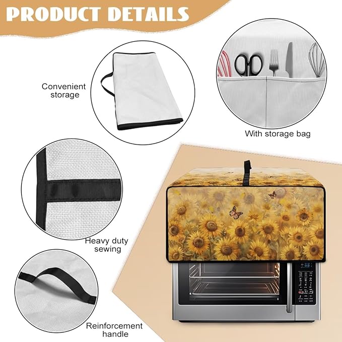 Microwave Oven Cover Dustproof Air Fryer Toaster Oven Protector with Storage Pockets, Stain-resistant Small Appliance Cover for Kitchen Decor, S, Sunflower Butterfly
