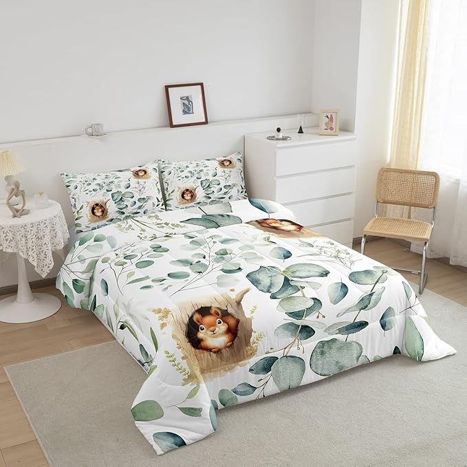 Erosebridal Kawaii Squirrel Bedding Toddler Size for Boys Girls Cartoon Animal Comforter Set, Eucalyptus Leaves Duvet Insert Jungle Wildlife Quilt Comforter, Tropical Plants Bedding Comforters & Sets
