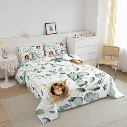 Erosebridal Kawaii Squirrel Bedding Toddler Size for Boys Girls Cartoon Animal Comforter Set, Eucalyptus Leaves Duvet Insert Jungle Wildlife Quilt Comforter, Tropical Plants Bedding Comforters & Sets