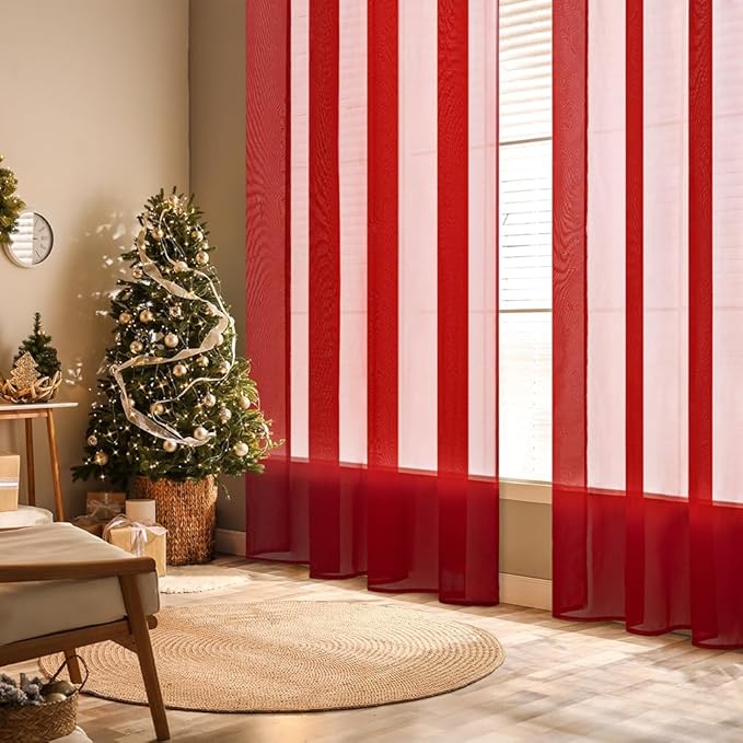 MIULEE 2 Panels Red Solid Color Sheer Christmas Window Curtains Elegant Window Voile Panels/Drapes/Treatment for Bedroom Living Room (54X108 Inches)
