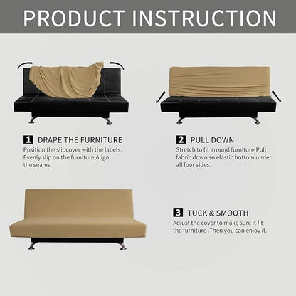 Easy-Going Stretch Futon Slipcover Armless Futon Bed Cover Furniture Protector Without Armrests with Elastic Bottom for Kids, Soft Jacquard Fabric Small Checks (Large, Golden)