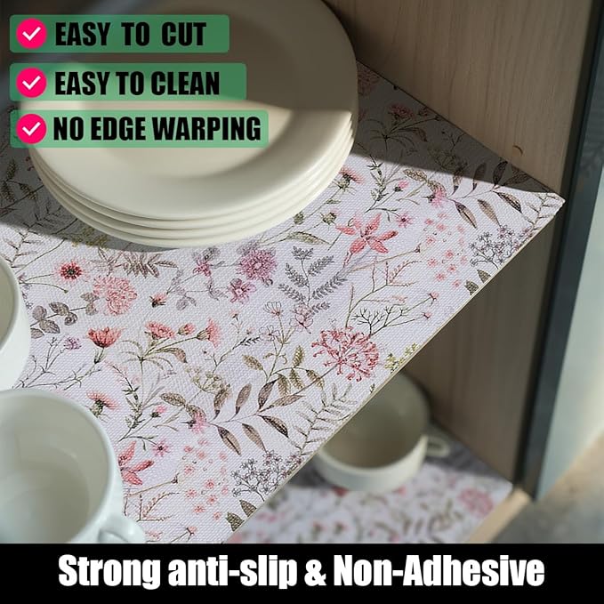 Leaf Floral Shelf Liners Non Adhesive and Strong Non-Slip Shelf and Drawer Liners for Kitchen Cabinet Wire Fridge, Waterproof Shelf Drawer Liner,Easy to Clean,12IN x 10FT