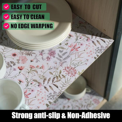 Leaf Floral Shelf Liners Non Adhesive and Strong Non-Slip Shelf and Drawer Liners for Kitchen Cabinet Wire Fridge, Waterproof Shelf Drawer Liner,Easy to Clean,12IN x 10FT