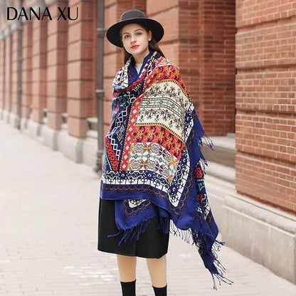DANA XU 100% Merino Wool Pashmina Shawl for Women 96"x43", Oversized Cashmere Wrap with Tassels, Floral Travel Blanket Cape