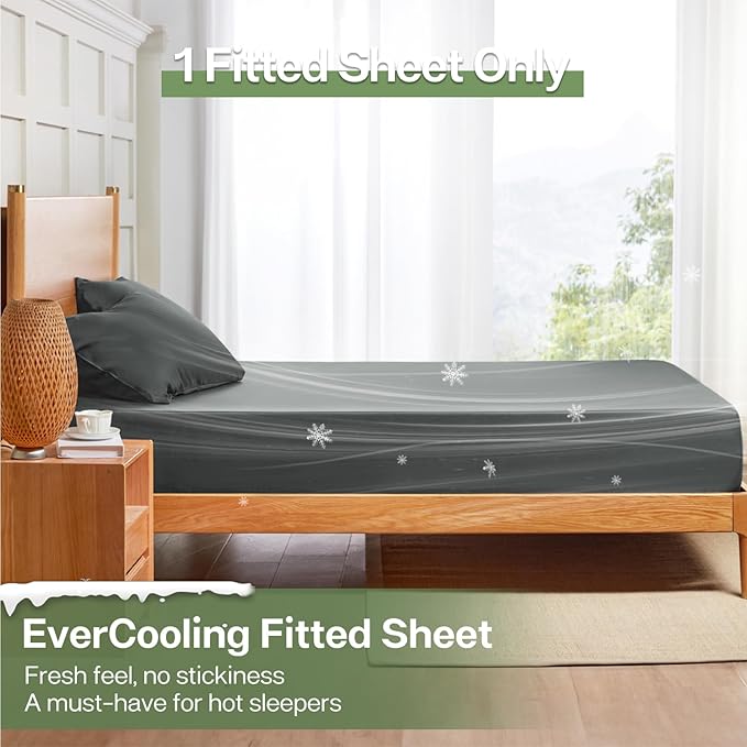 MR&HM Twin XL Fitted Sheet Only, Ultra-Soft Rayon Derived from Bamboo & Polyester Blend, Silky & Breathable, 15" Deep Pocket with Elastic Straps, Cooling Fitted Sheet for Hot Sleepers, Dark Grey