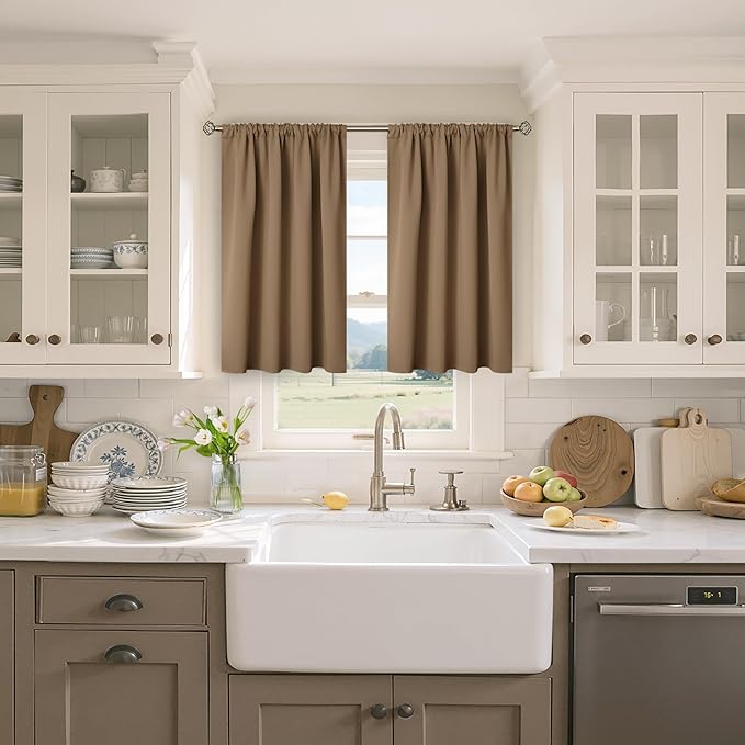 BGment Taupe Blackout Kitchen Curtains 36 Inches Length - Short Tan Thermal Insulated Drapes with Rod Pocket Room Darkening for Cafe Bathroom Windows, 42 x 36 Inch, 2 Panels