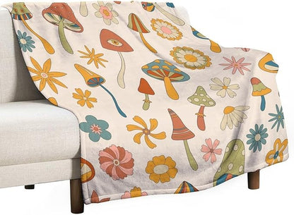 70s Mushroom Throw Blanket, Retro 60s Groovy Mushroom Boho Hippie Flowers Print Blanket for Kids Baby Bedroom Sofa Holiday Decor 40"x50"