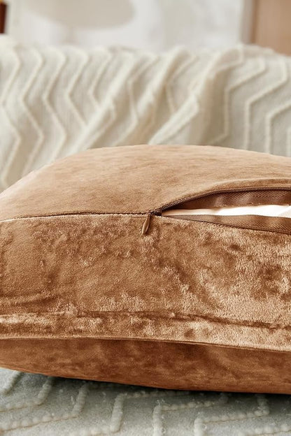 Luxurious Velvet Euro Shams Decorative Throw Pillow Covers 26x26 Set of 2 Solid Square Euro Pillow Shams for Sofa Couch Bedroom, Caramel
