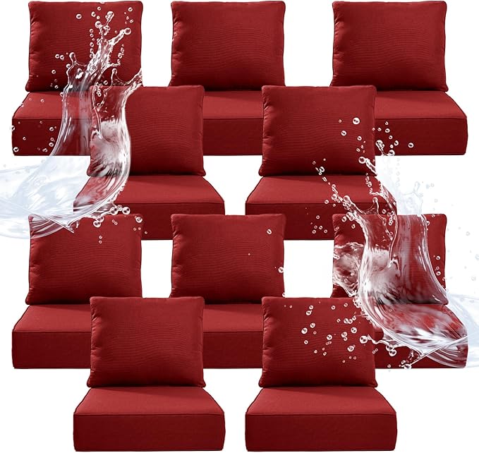 6" Thicker Outdoor Chair Cushion 10 Sets - 24" *24" *6" Waterproof Patio Furniture Cushions with Removable Cover, 28D High Density Sponge Filling Thicken Outdoor Patio Cushions - Red