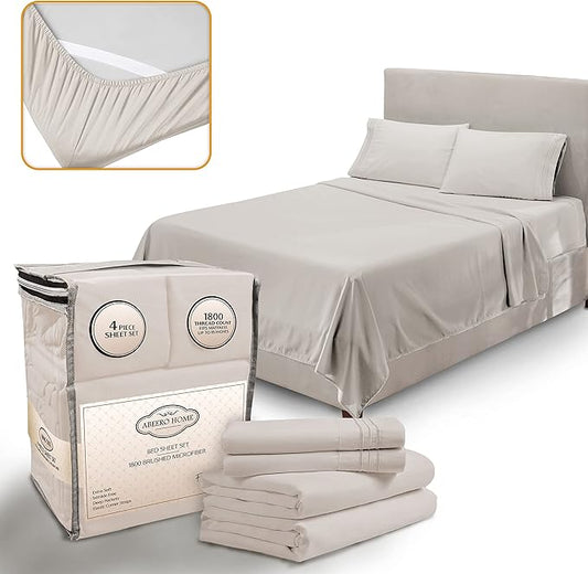 Queen Sheet Set - Luxury Hotel Bed Sheets - Soft Cooling Sheets with Elastic Corner Straps - Deep Pockets Microfiber Bedsheet - Bedding Sheet & Pillowcases - 4 Piece (Queen Size, Beige)