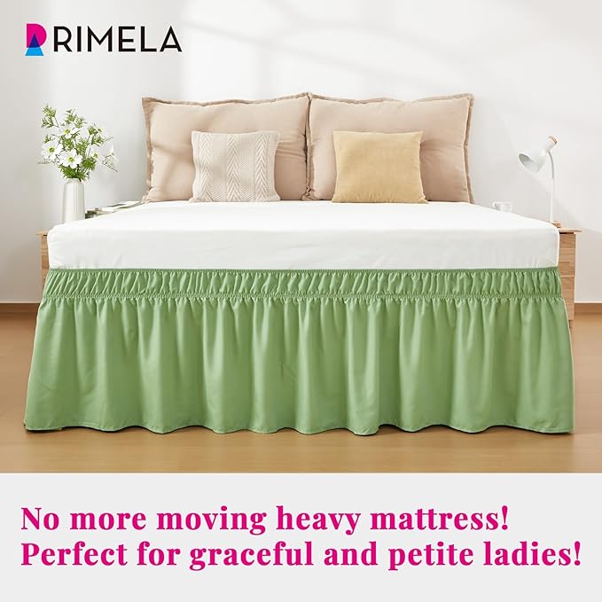 RIMELA Light Green Bed Skirt King Size 15 Inch Drop, Elastic Bed Skirting, Bedding Dust Ruffle Easy to Install, Lightweight Wrap Around Adjustable Bedskirt, Bedroom Decor