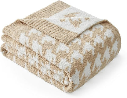 Snuggle Sac Throw Blanket for Couch, Reversible Super Soft Warm Blankets Cozy Knit Fuzzy Plush Lightweight Throws for Sofa, Bed, Camping,Houndstooth Beige,50x60 inches