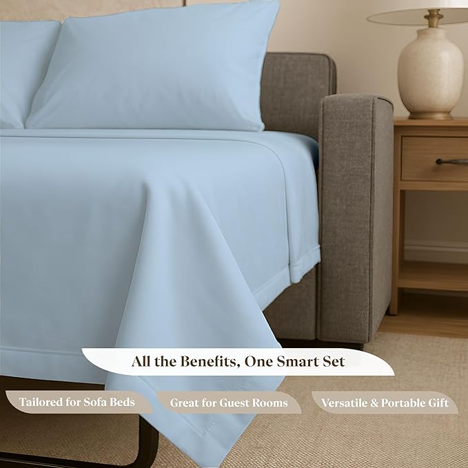 Sleeper Sofa Bed Sheet Set - Queen Size 4 PC's Sheet Set Sofa Bed Sheets - 100% Cotton 400 Thread Count Sofa Sheets - Sleeper Sofa Sheets - Fits Mattresses Up to 6" Drop - Light Blue