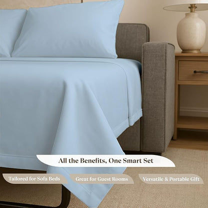 Sleeper Sofa Bed Sheet Set - Queen Size 4 PC's Sheet Set Sofa Bed Sheets - 100% Cotton 400 Thread Count Sofa Sheets - Sleeper Sofa Sheets - Fits Mattresses Up to 6" Drop - Light Blue