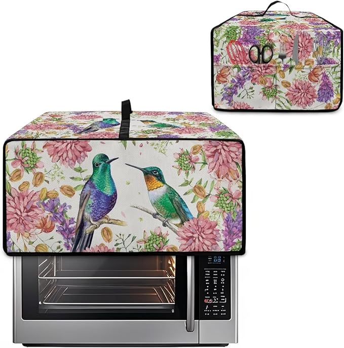 Watercolor Flower Hummingbird Print Microwave Oven Cover Dust-Proof Microwave Toaster Oven Cover Waterproof Foldable Kitchen Appliance Protector Suitable for Most Microwave Ovens, M
