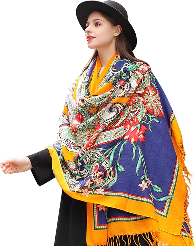 DANA XU 100% Merino Wool Extra Large Pashmina Blanket Travel Scarf Cashmere Wrap for Women Fall Winter Oversize Shawl Floral