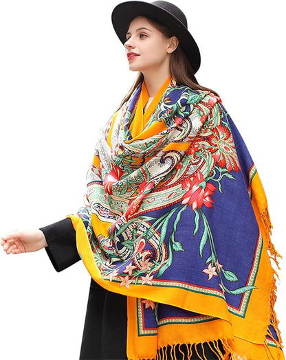 DANA XU 100% Merino Wool Extra Large Pashmina Blanket Travel Scarf Cashmere Wrap for Women Fall Winter Oversize Shawl Floral