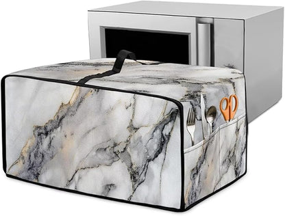 White Marble Texture Print Microwave Oven Dust Cover Sturdy Polyester-Linen Fabric Dust Cover for Microwave Oven Waterproof Universal Kitchen Appliance Protector, S