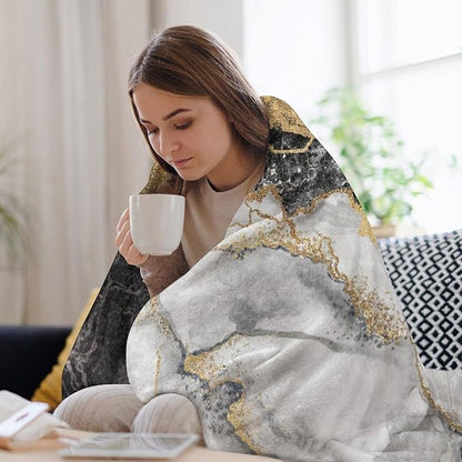 Modern Marble Blanket, Abstract Luxury Baroque Golden Black White Stone Veins Pattern Soft Warm Cozy Plush Flannel Covers for Livingroom Bedroom Couch Chair Camping Travel Home Decor Tapestry 60x80in