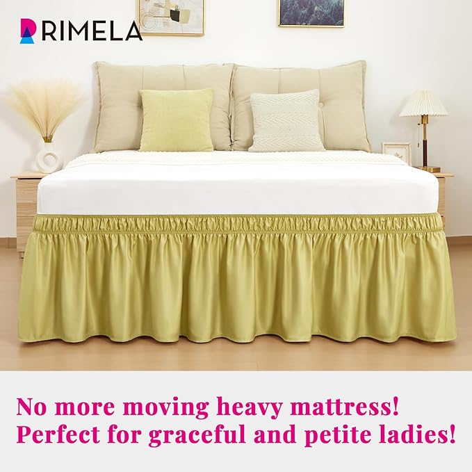 RIMELA Bed Skirt Queen Size Champagne Green 15 Inch Drop, Wrap Around Elastic Bedskirt, Dust Ruffle for Adjustable Bed Base Soft Durable Fabric Machine Washable Easy to Install Bed Skirts