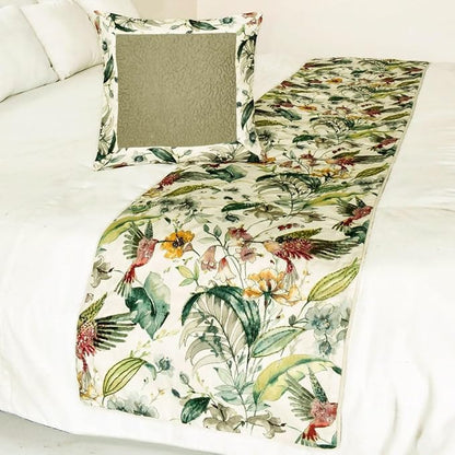 The HomeCentric King Queen Twin Ivory & Multi Designer Twin 53"x18" Bed Runner with 2 Pillow Cover, Bird, Sequins & Beaded Bed Scarf on Cotton Fabric - Exotic Birds