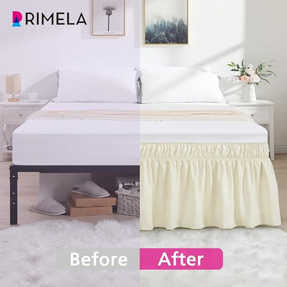 RIMELA Ivory Bed Skirt Queen Size 18 Inch Drop, Elastic Bed Skirting for Bed Base and Frame, Bedding Dust Ruffle Easy to Install, Lightweight Wrap Around Adjustable Bedskirt