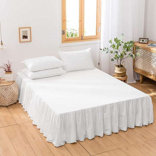 BISELINA French Linen Bed Skirt with Pleated Frills 14-Inch Tailored Drop Natural Flax Cotton Blend Dust Ruffle Soft Cozy Farmhouse Bedding (14" Queen, White)