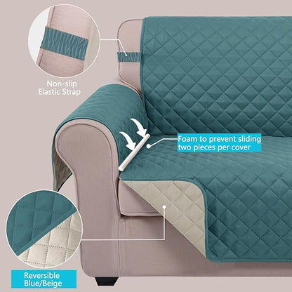 U-NICE HOME Recliner Chair Covers Reversible Chair Cover Pet Covers for Dogs with Elastic Straps Water Resistant Diamond Quilted (23''Recliner Small, Blue/Beige)