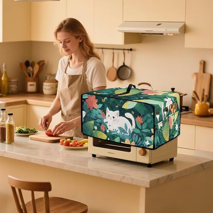 Air Fryer Toaster Oven Dust Cover Protective Convection Oven Cover with Pockets and Handle for Kitchen Countertop, S, 14.5 x 18.5 x 9 Inches, White Cat Green Leaf Flower