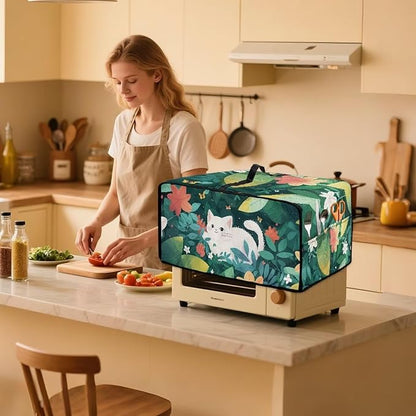 Air Fryer Toaster Oven Dust Cover Protective Convection Oven Cover with Pockets and Handle for Kitchen Countertop, S, 14.5 x 18.5 x 9 Inches, White Cat Green Leaf Flower