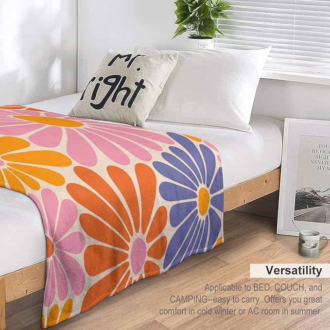 1970s Hippie Floral Throw Blanket, Retro Orange Pink Blue Flower Boho Groovy Daisy Flowers Comfortable Blanket for Couch Sofa Couch Chair 60"x80"