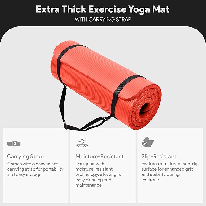BalanceFrom GoCloud 71x24 Inches Extra Thick Yoga Mat 1-Inch High-Density Foam – Roll-Up Exercise Pad with Double-Sided Non-Slip Surface and Carrying Strap for Pilates and Home Workouts