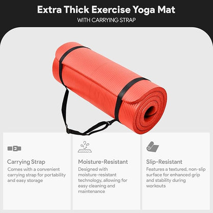 BalanceFrom GoCloud 71x24 Inches Extra Thick Yoga Mat 1-Inch High-Density Foam – Roll-Up Exercise Pad with Double-Sided Non-Slip Surface and Carrying Strap for Pilates and Home Workouts