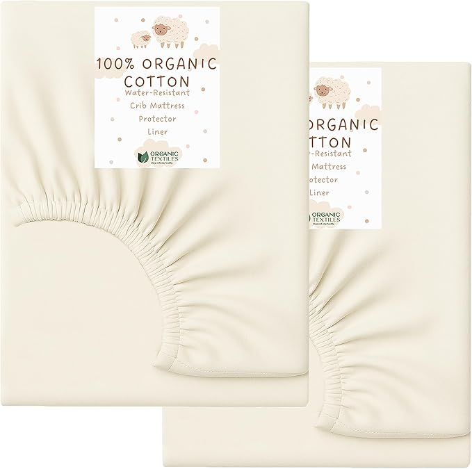 Organic Cotton Crib Mattress Protector (Water-Resistant) - Breathable Fitted Liner Pad, GOTS-Certified, Hypoallergenic, Made in USA - Cradle 36"x18" - Pack of 2
