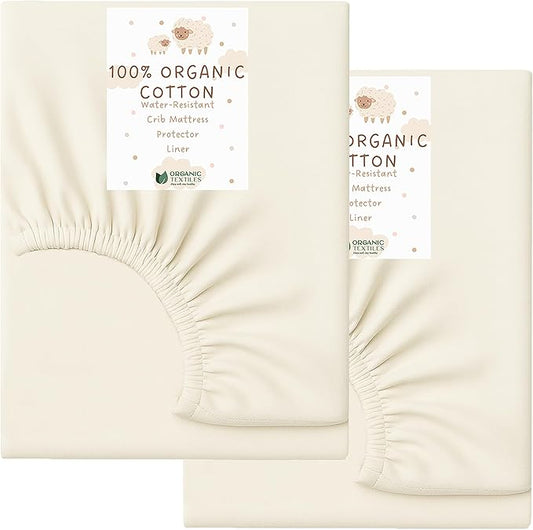 Organic Cotton Crib Mattress Protector (Water-Resistant) - Breathable Fitted Liner Pad, GOTS-Certified, Hypoallergenic, Made in USA - Playard 38"x26" - Pack of 2