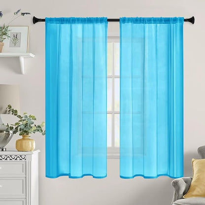 Sheer Curtains 72 Inches Long 2 Panels, Rod Pocket Short Curtain for Kitchen, Bedroom, Cafe Window(Cyan Blue 38" W x 72" L)