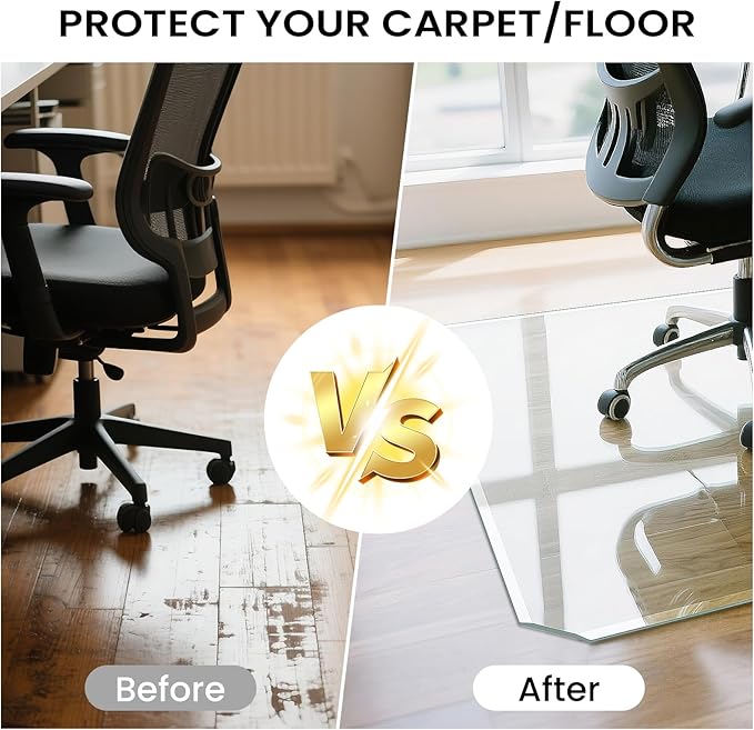 Tempered Glass Chair Mat with Patented Beveled Edge, 46”x55” 1/5" Thick Office Floor Mat for Carpet & Hardwood, w/ 12 Anti-Slip Pads