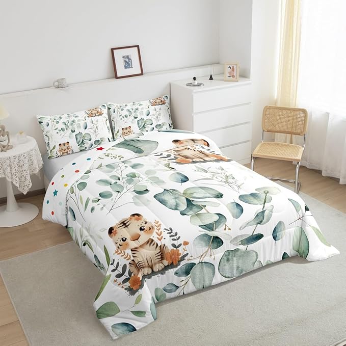 Erosebridal Kids Cute Animal Bedding King Size for Girls Boys Cartoon Tiger Comforter Set King, Spring Eucalyptus Duvet Insert Leaves Quilt Set, Kawaii Jungle Animal Bedding Comforters & Sets