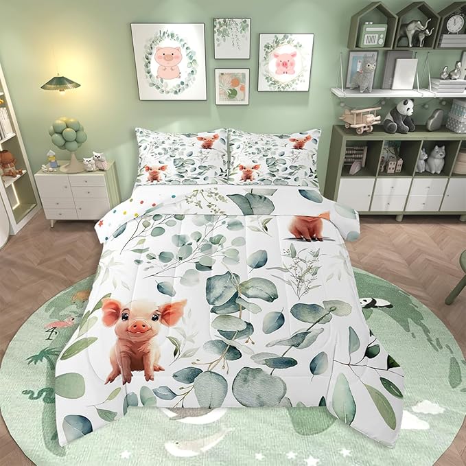 Erosebridal Kawaii Pig Toddler Size Comforter Set for Boys Girls Cartoon Animal Bedding Set, Eucalyptus Leaves Down Comforter Farm Wildlife Bed Set, Tropical Botanical Plants Quilted Duvet