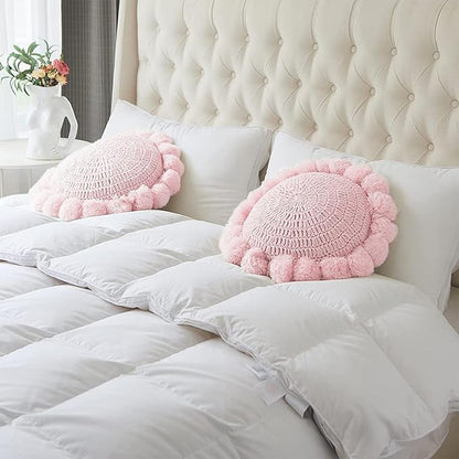 Boho Round Throw Pillow with Cute Handmade Pom Poms Tassels 18 Inch, Decorative Circular Knitted Crochet Cushion for Couch, Sofa, Chair, Bed, Pink