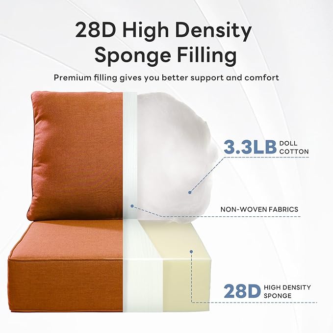6" Thicker Outdoor Chair Cushion 2 Sets - 24" *24" *6" Waterproof Patio Furniture Cushions with Removable Cover, 28D High Density Sponge Filling Thicken Outdoor Patio Cushions - Orange